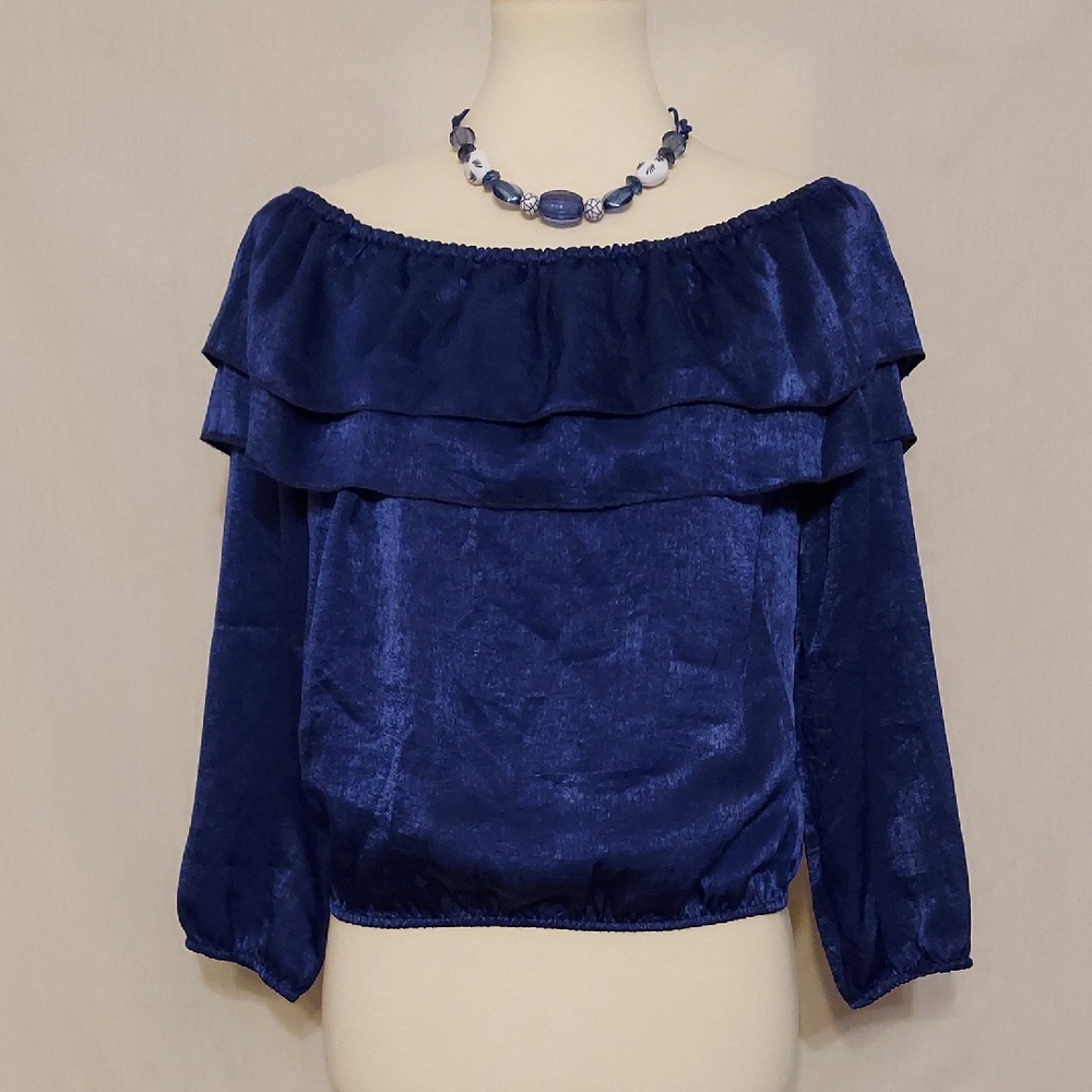 It Girl Navy Blue 3/4 Sleeve Off-the-shoulder Ruffle Top